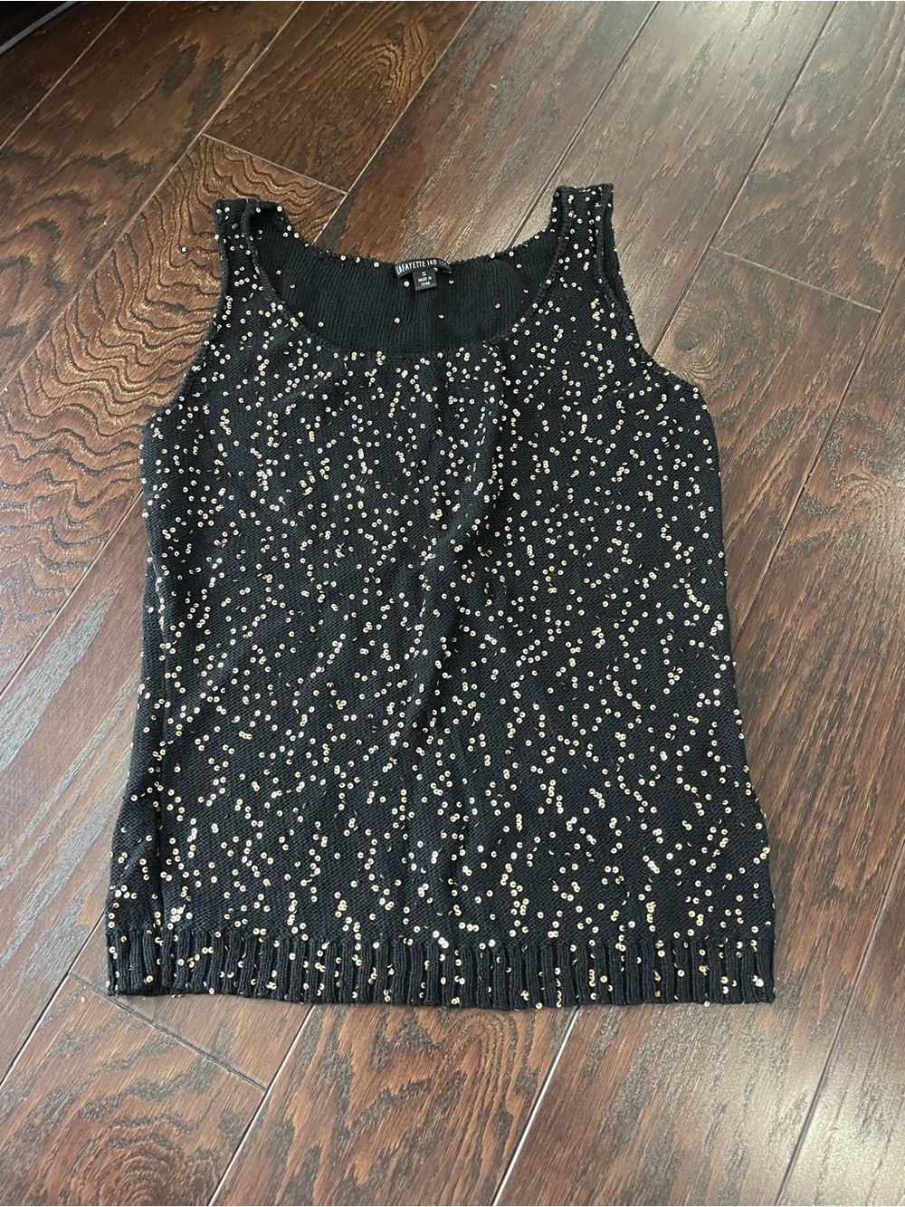 Lafayette 148 New York Women Black Linen Blend Knit Cami Gold Sequin Size Small
